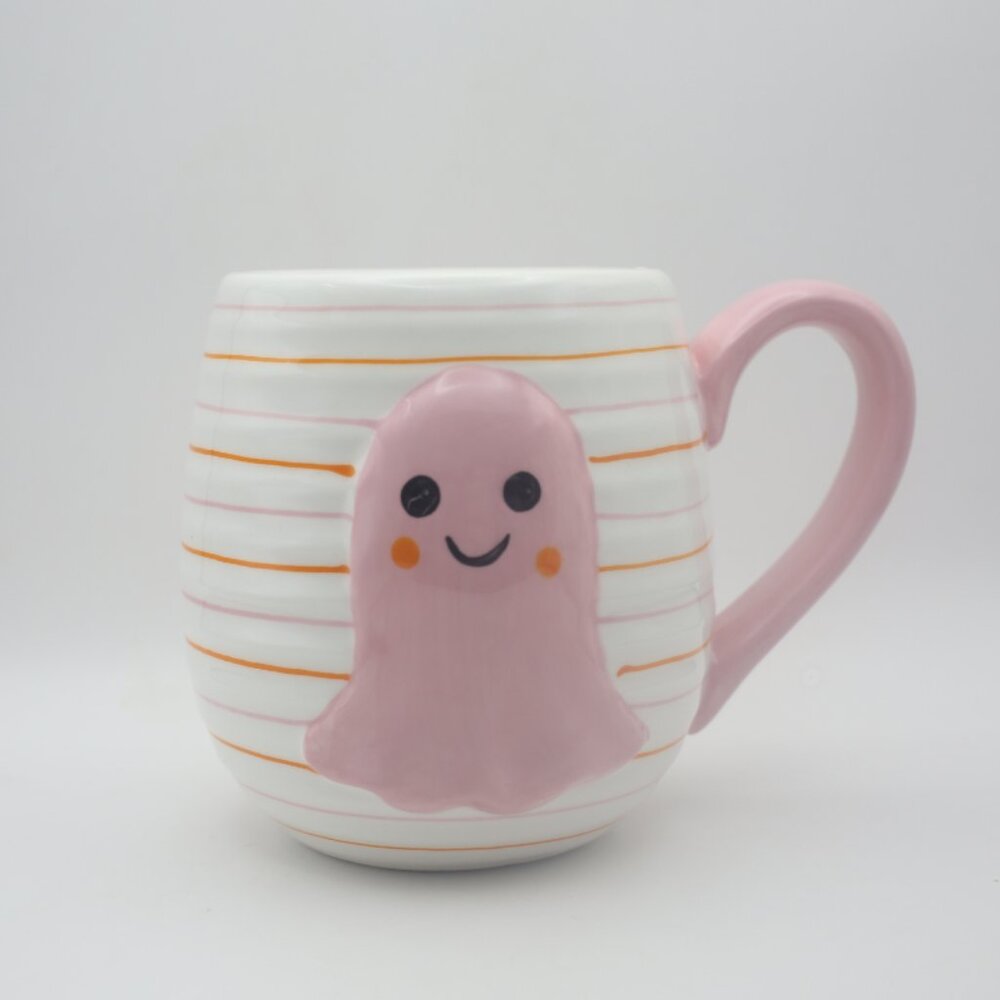 Lang Halloween Pink Ghost With Stripes Ceramic 16oz Mug: Pink, Orange and White